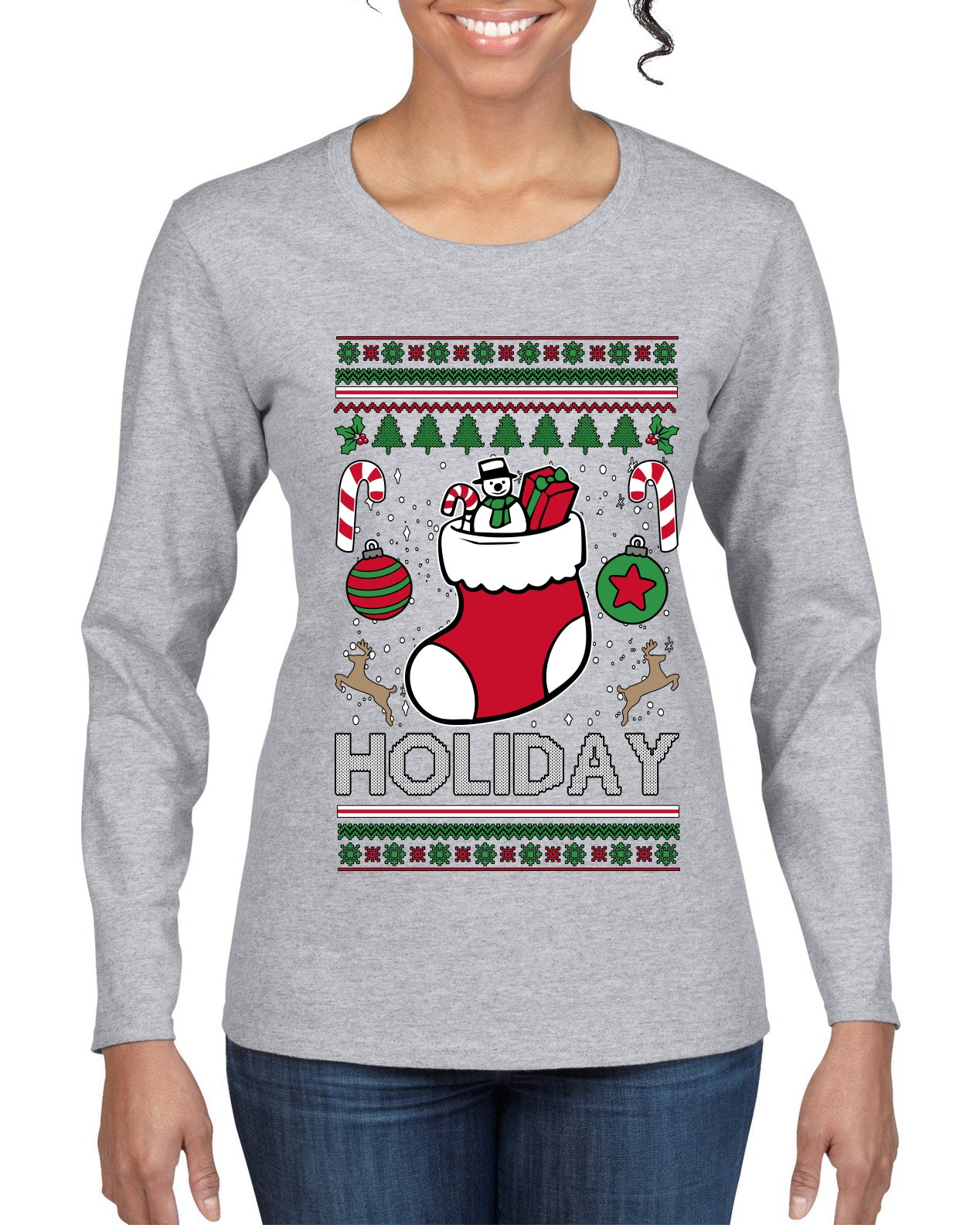 Holiday, Ugly Christmas Sweater Womens Graphic Long Sleeve T-Shirt