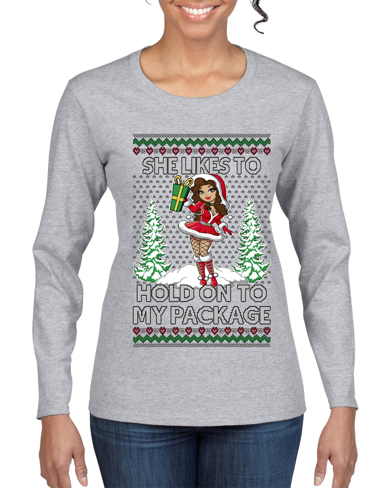 Hold My Package, Ugly Christmas Sweater Womens Graphic Long Sleeve T-Shirt
