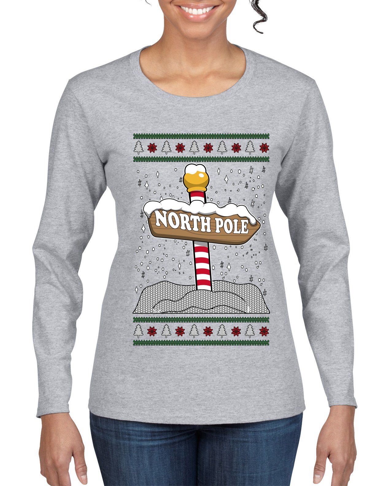 North Pole, Ugly Christmas Sweater Womens Graphic Long Sleeve T-Shirt