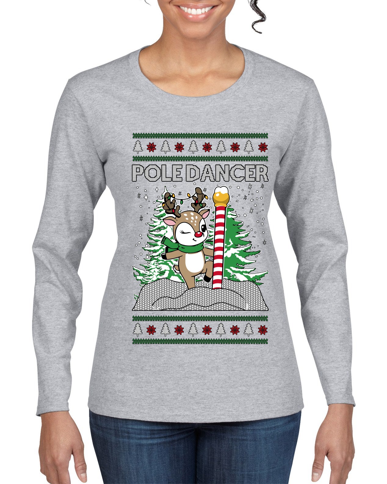 Pole Dancer, Ugly Christmas Sweater Womens Graphic Long Sleeve T-Shirt