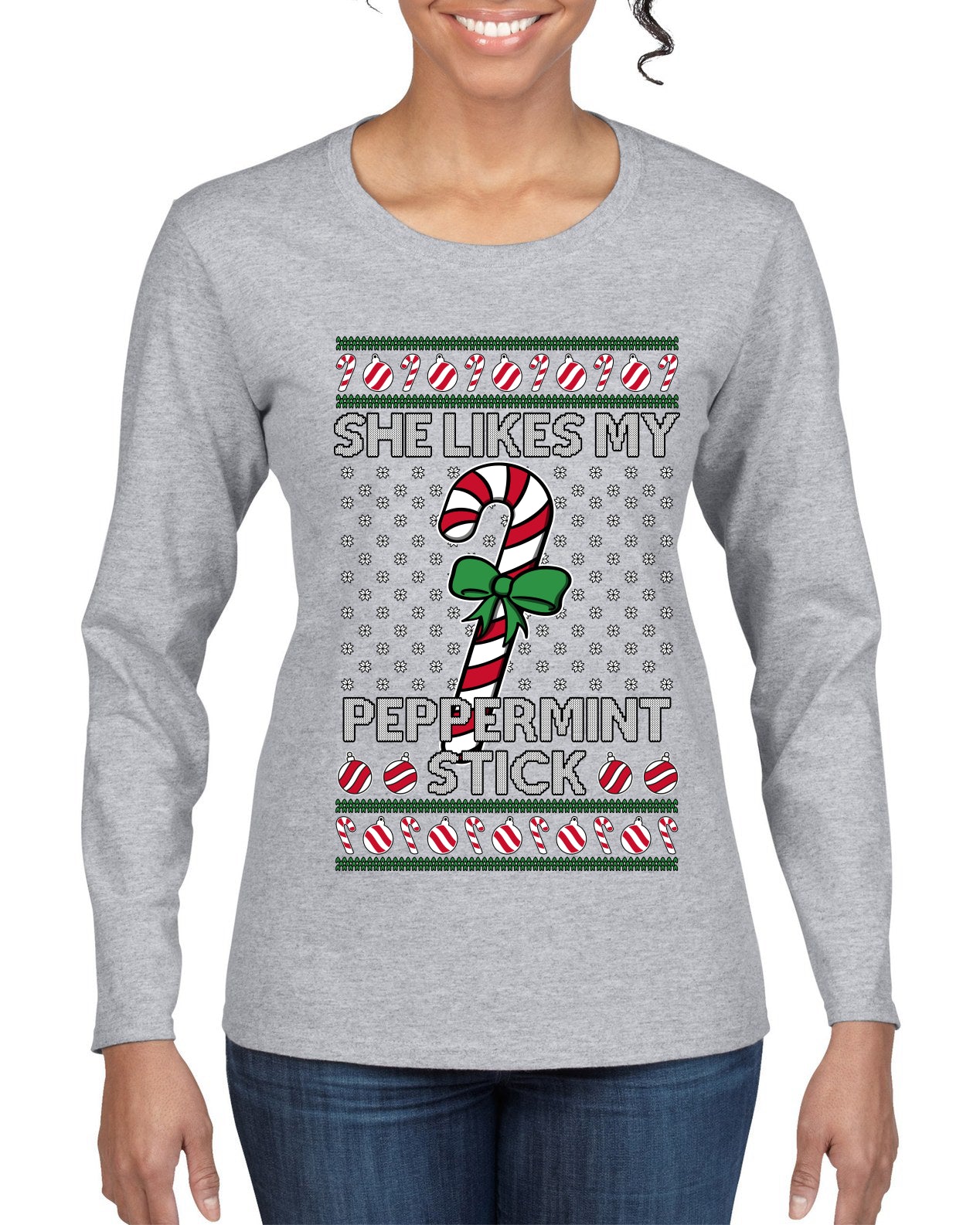 She Likes My Peppermint Stick, Ugly Christmas Sweater Womens Graphic Long Sleeve T-Shirt
