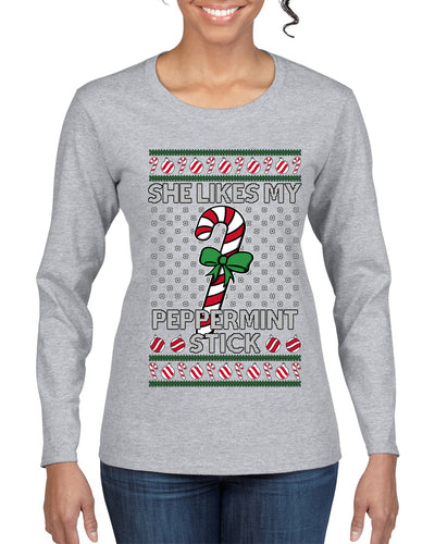 She Likes My Peppermint Stick, Ugly Christmas Sweater Womens Graphic Long Sleeve T-Shirt