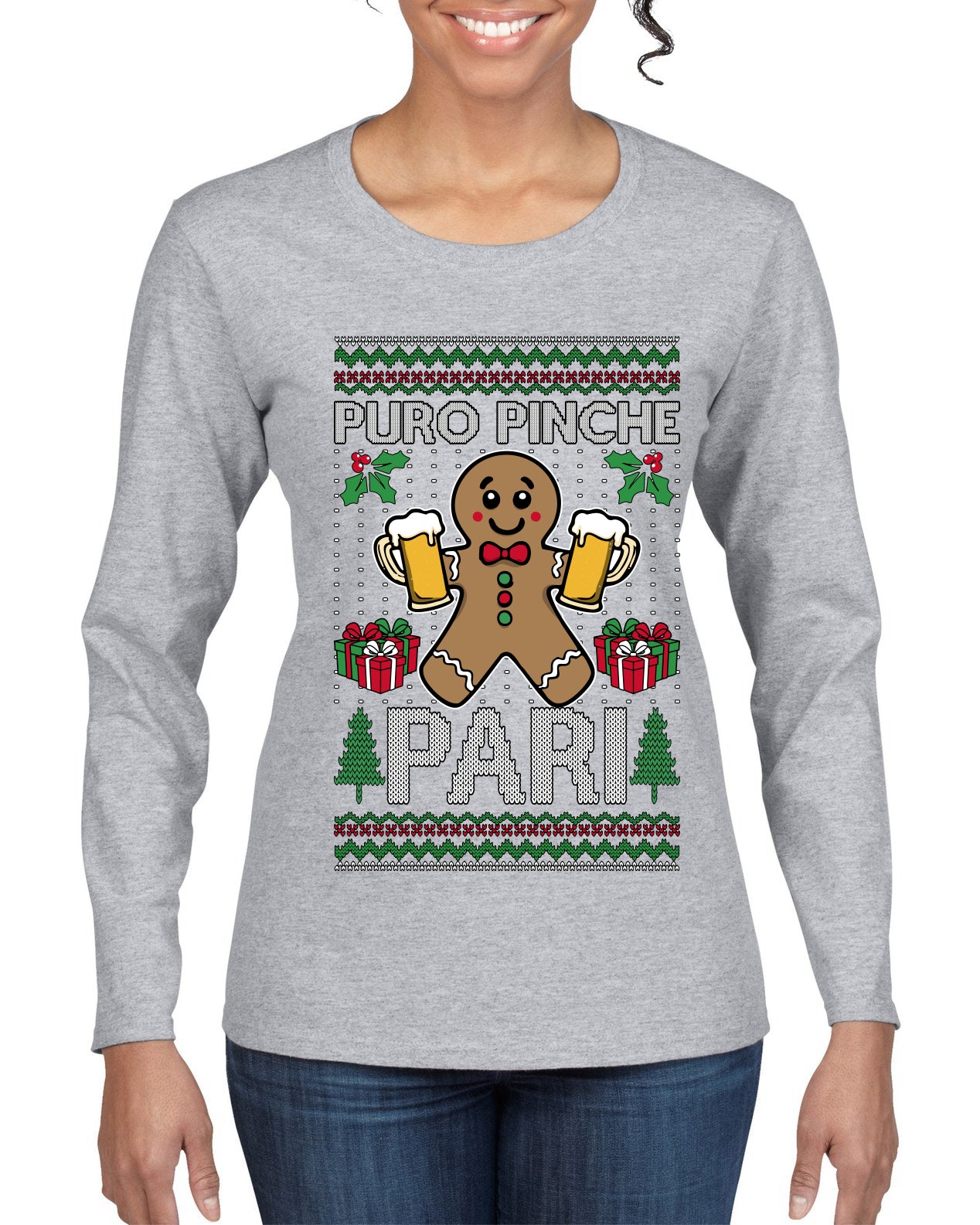 Puro Pinche Pari, Ugly Christmas Sweater Womens Graphic Long Sleeve T-Shirt