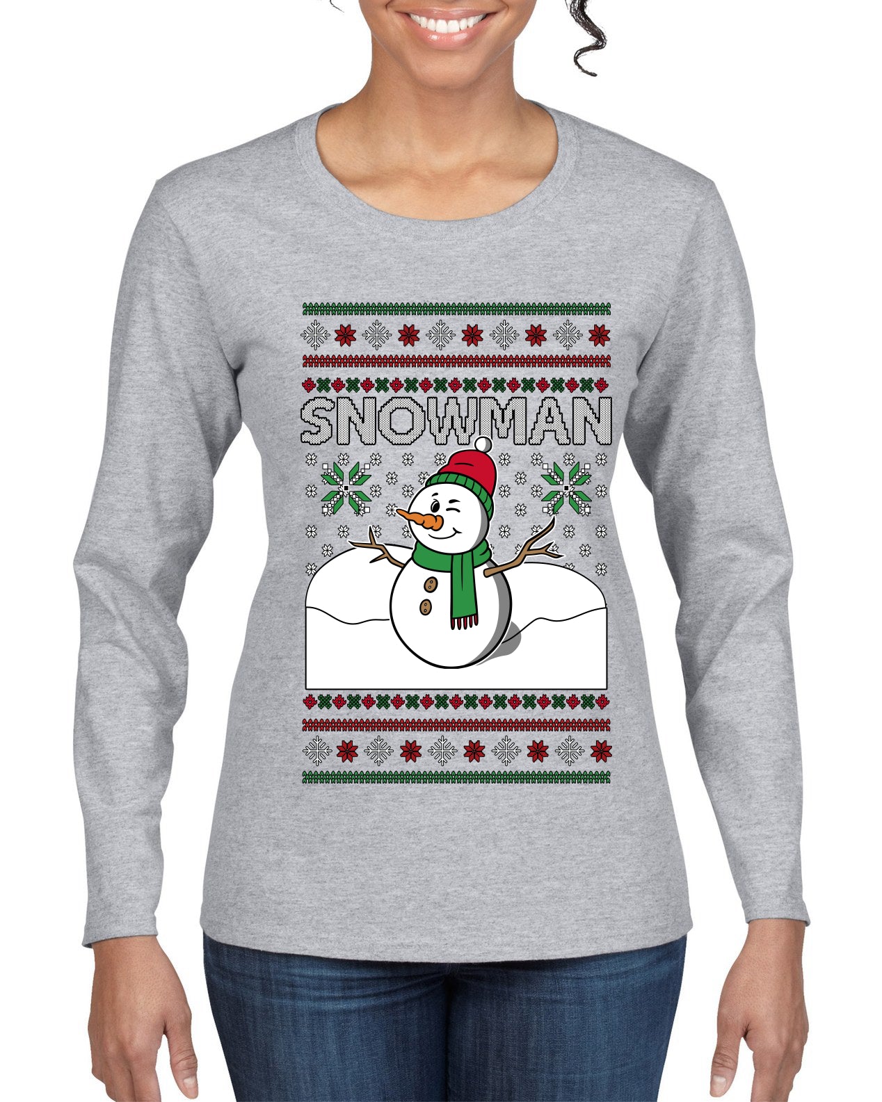 Snowman, Ugly Christmas Sweater Womens Graphic Long Sleeve T-Shirt