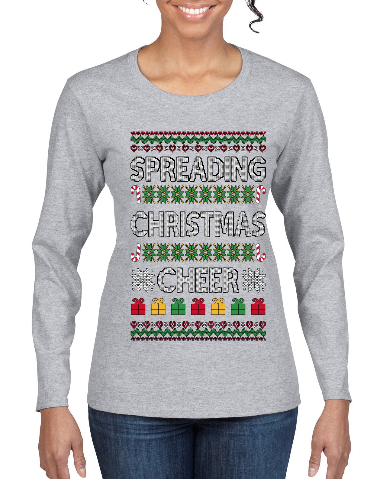 Spreading Christmas Cheer, Ugly Christmas Sweater Womens Graphic Long Sleeve T-Shirt