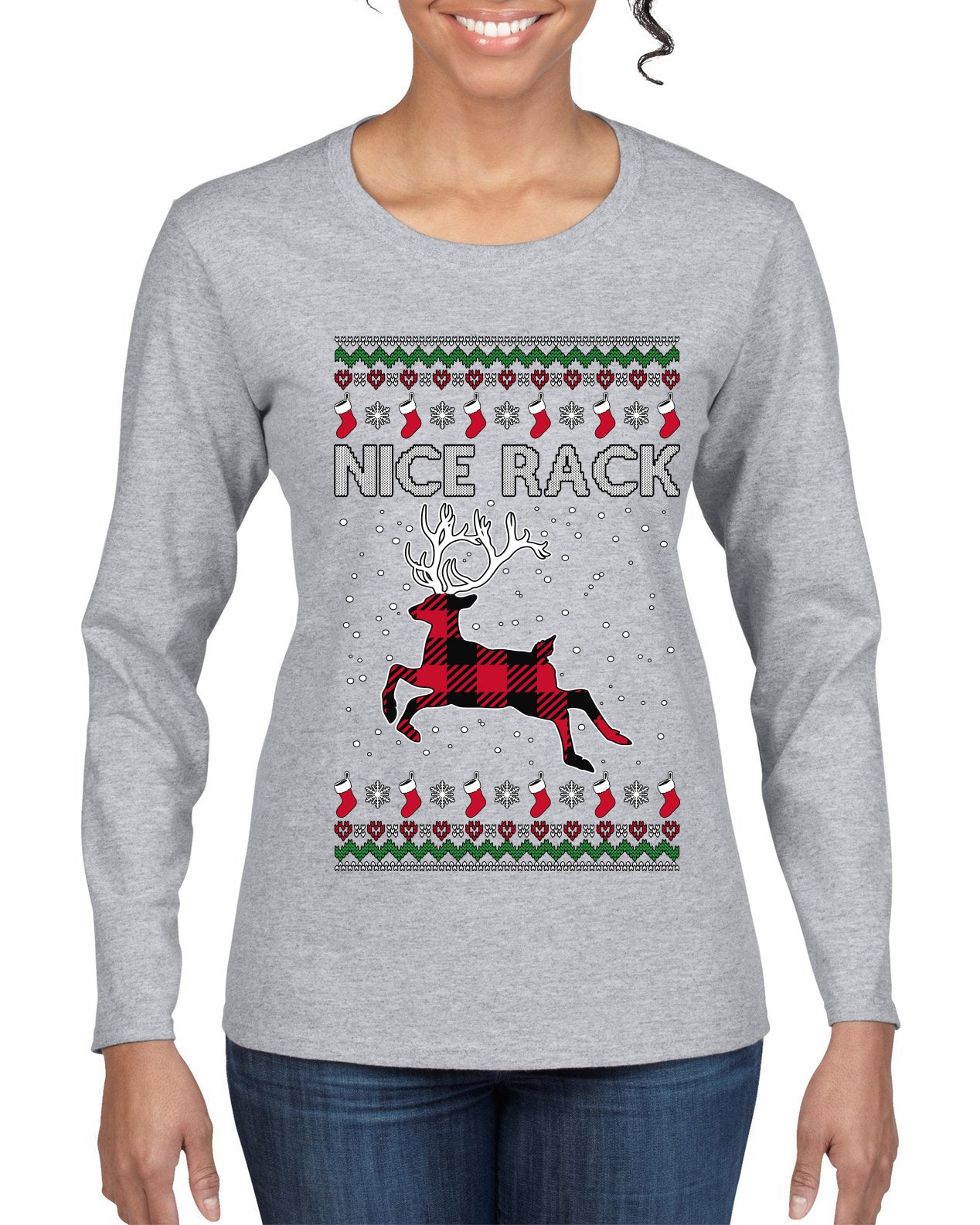 Nice Rack, Ugly Christmas Sweater Womens Graphic Long Sleeve T-Shirt