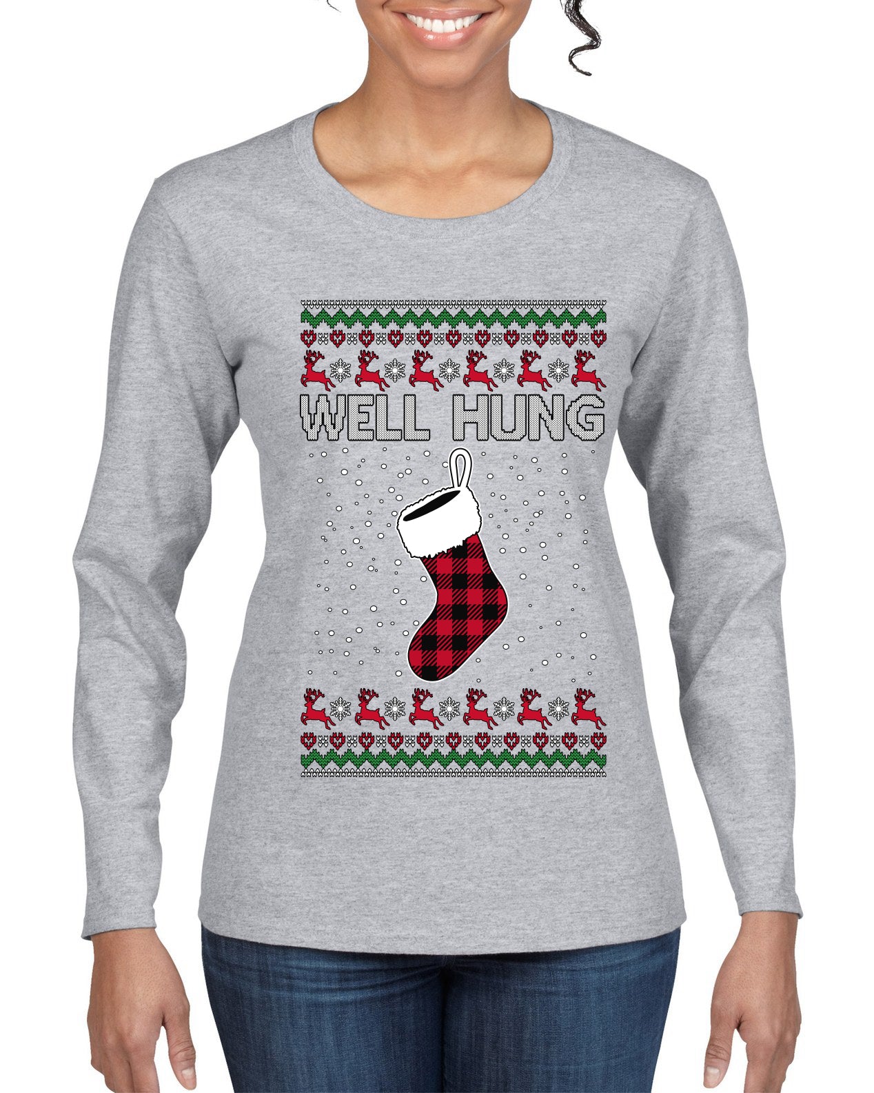 Well Hung, Ugly Christmas Sweater Womens Graphic Long Sleeve T-Shirt