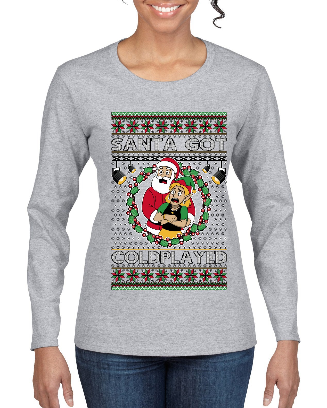 Santa Got Coldplayed, Ugly Christmas Sweater Womens Graphic Long Sleeve T-Shirt
