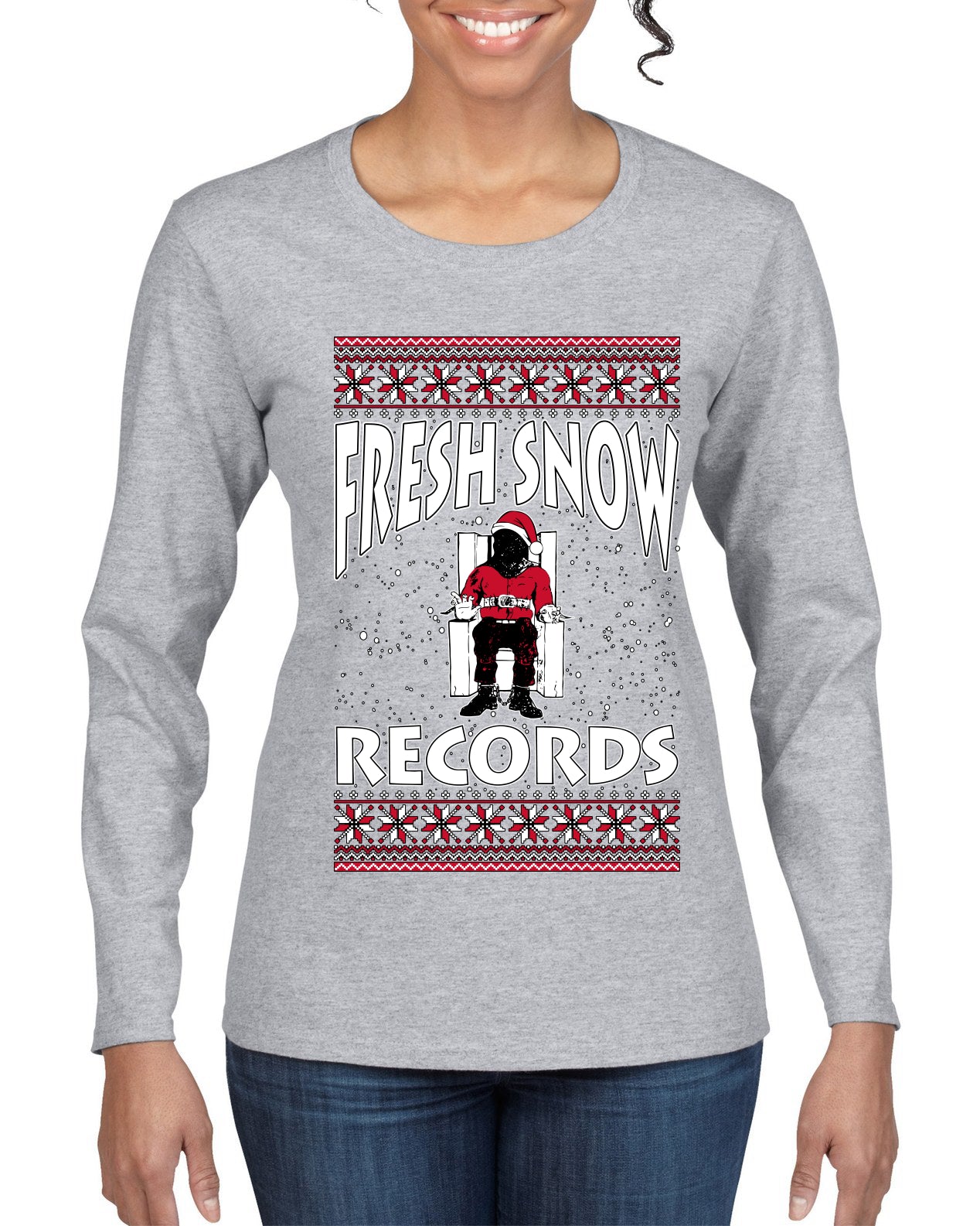 Fresh Snow Records Hip Hop Parody, Ugly Christmas Sweater Womens Graphic Long Sleeve T-Shirt