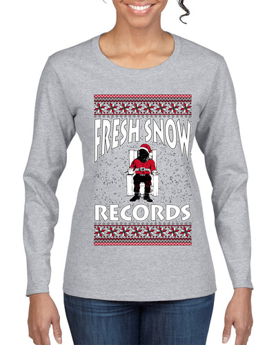 Fresh Snow Records Hip Hop Parody, Ugly Christmas Sweater Womens Graphic Long Sleeve T-Shirt