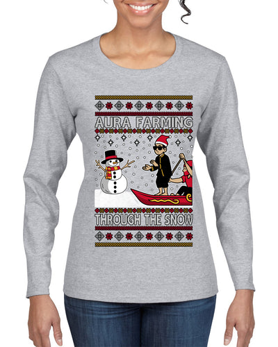 Aura Farming Through The Snow Meme, Ugly Christmas Sweater Womens Graphic Long Sleeve T-Shirt