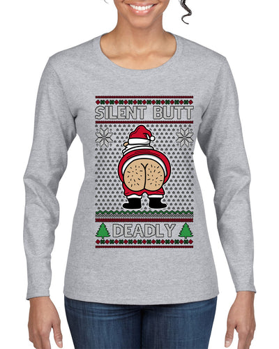 Silent Butt Deadly Farting Santa, Ugly Christmas Sweater Womens Graphic Long Sleeve T-Shirt