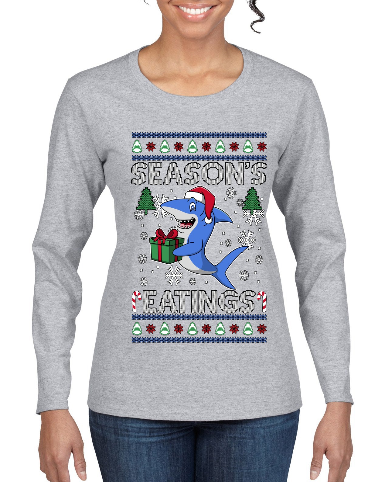 Season's Eatings Shark, Ugly Christmas Sweater Womens Graphic Long Sleeve T-Shirt