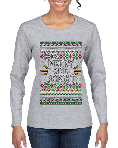 Merry And Bright, Ugly Christmas Sweater Womens Graphic Long Sleeve T-Shirt