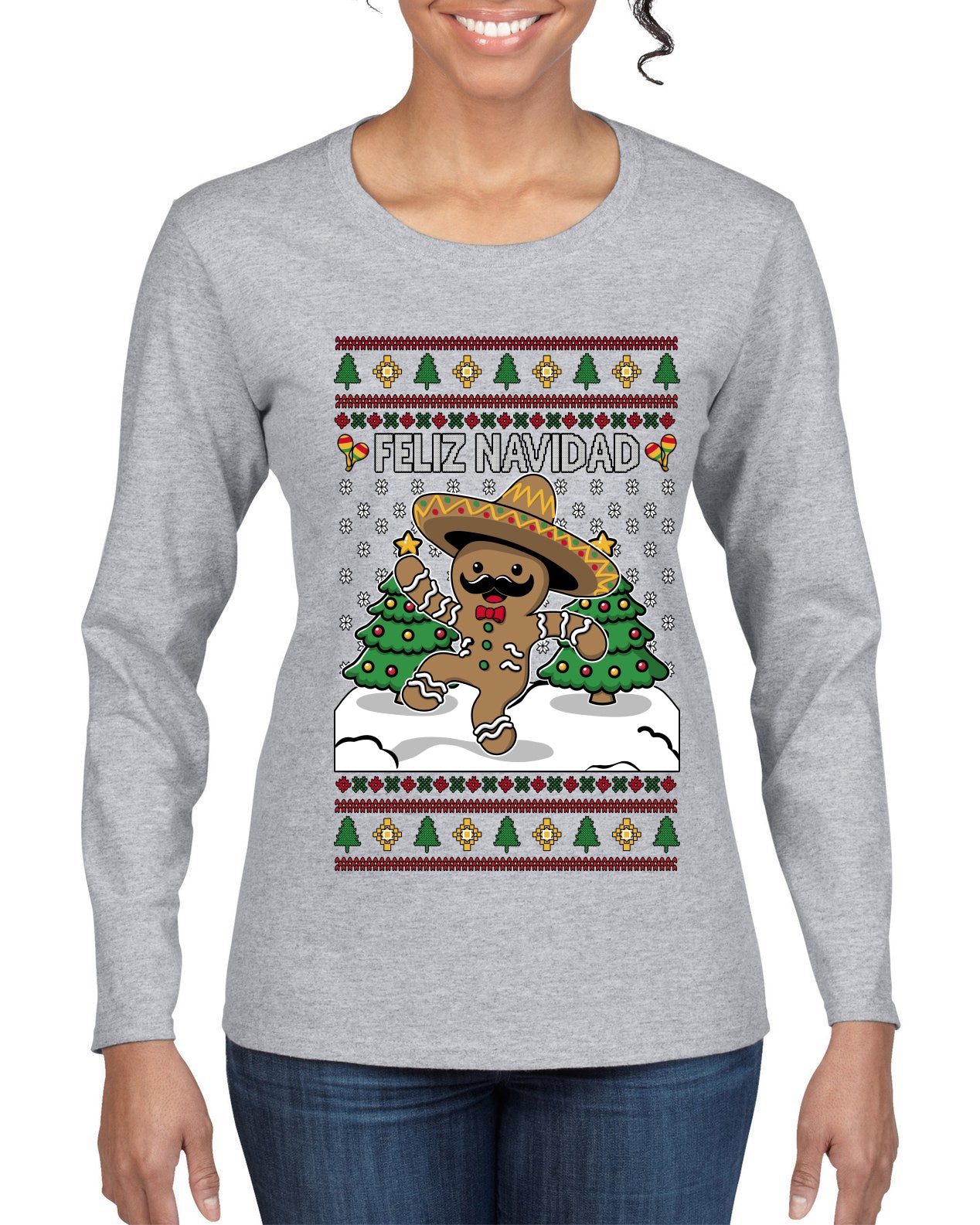 Feliz Navidad Dancing Gingerbread Man, Ugly Christmas Sweater Womens Graphic Long Sleeve T-Shirt