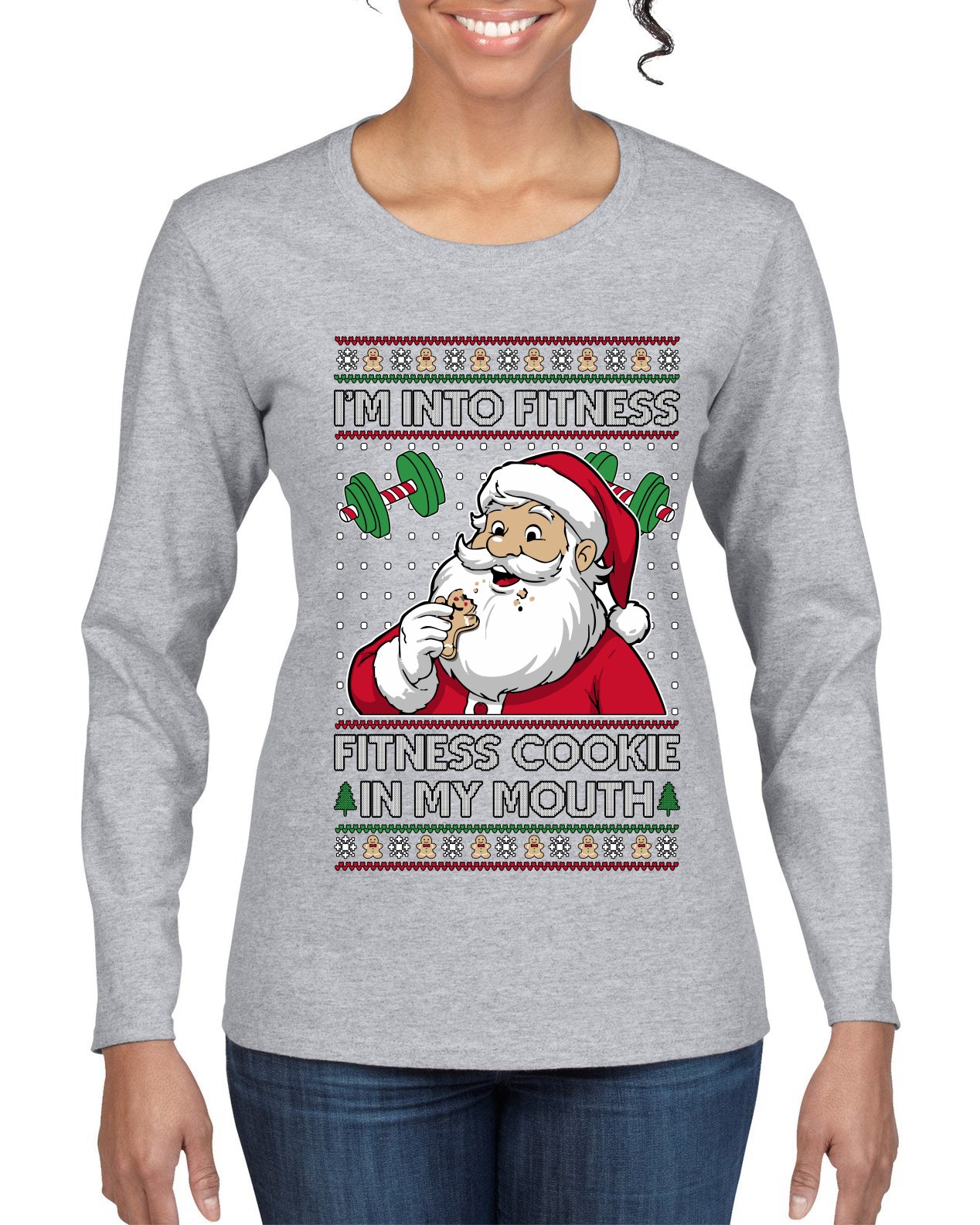 I'm Into Fitness Cookie In My Mouth Santa, Ugly Christmas Sweater Womens Graphic Long Sleeve T-Shirt