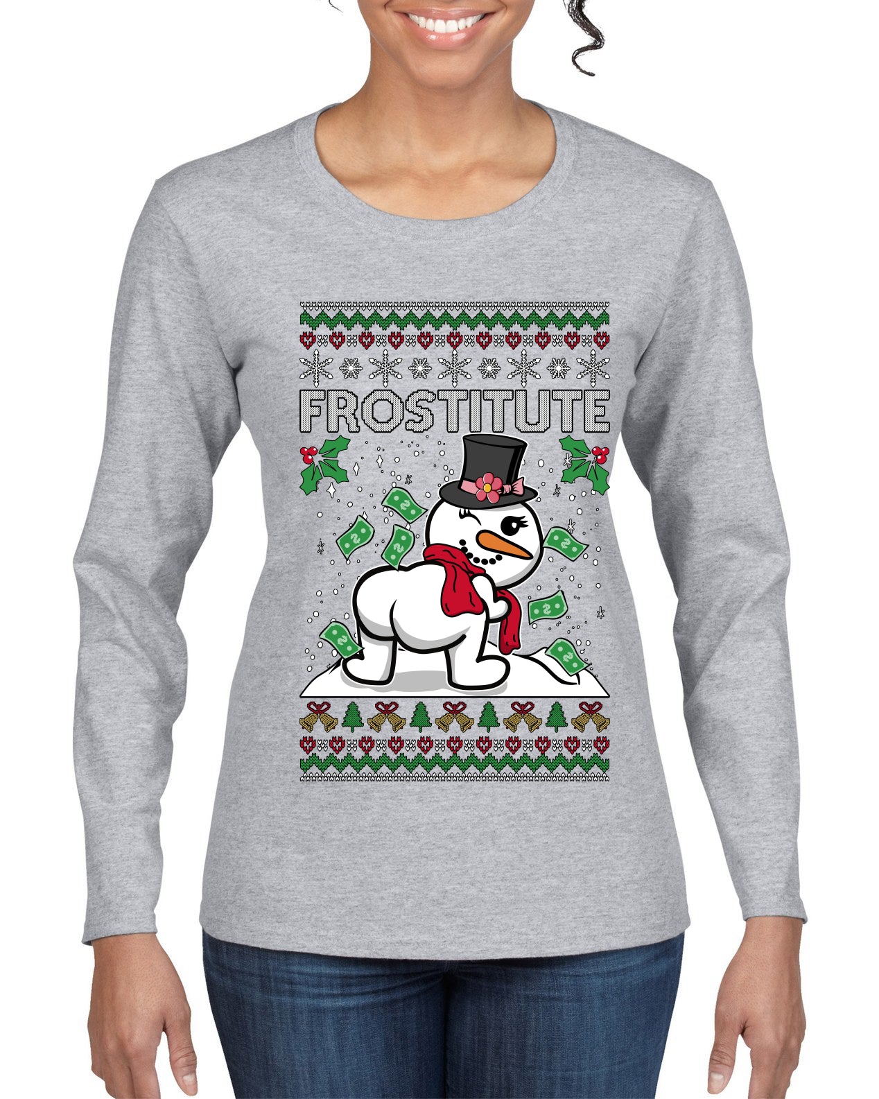 Frostitute, Ugly Christmas Sweater Womens Graphic Long Sleeve T-Shirt