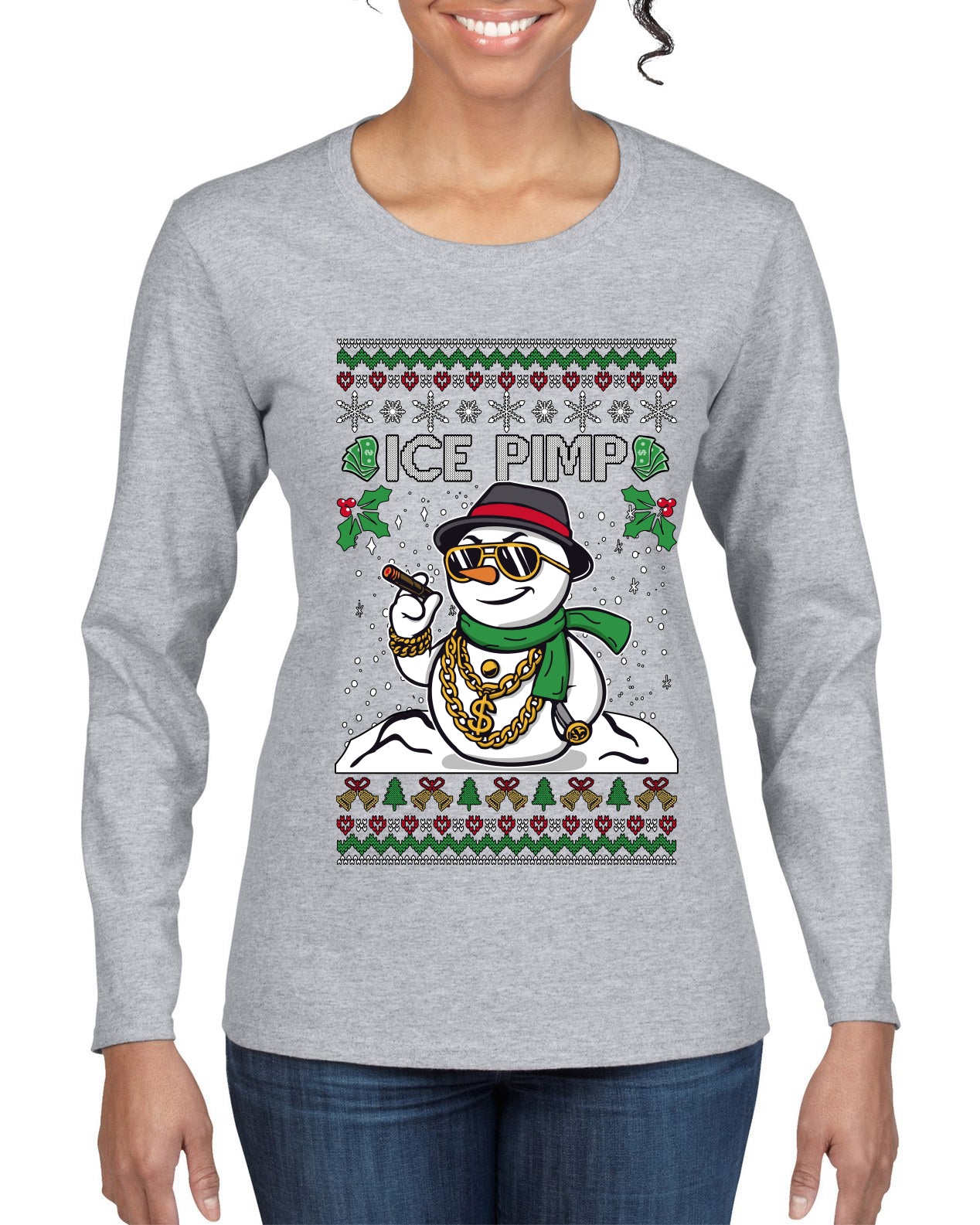 Ice Pimp, Ugly Christmas Sweater Womens Graphic Long Sleeve T-Shirt