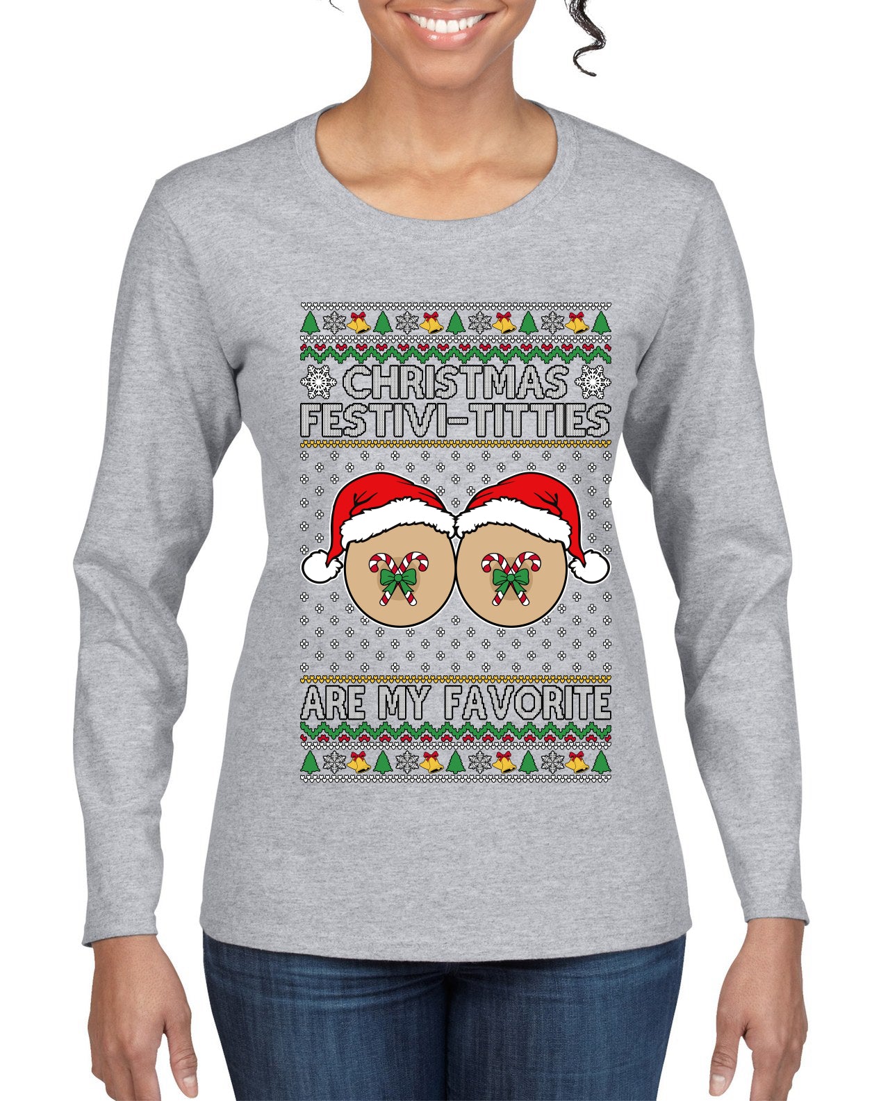 Christmas Festivi-Titties Are My Favorite, Ugly Christmas Sweater Womens Graphic Long Sleeve T-Shirt