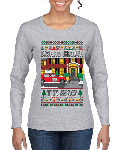 Dashing Through The Snow Classic 90s Holiday Movie, Ugly Christmas Sweater Womens Graphic Long Sleeve T-Shirt