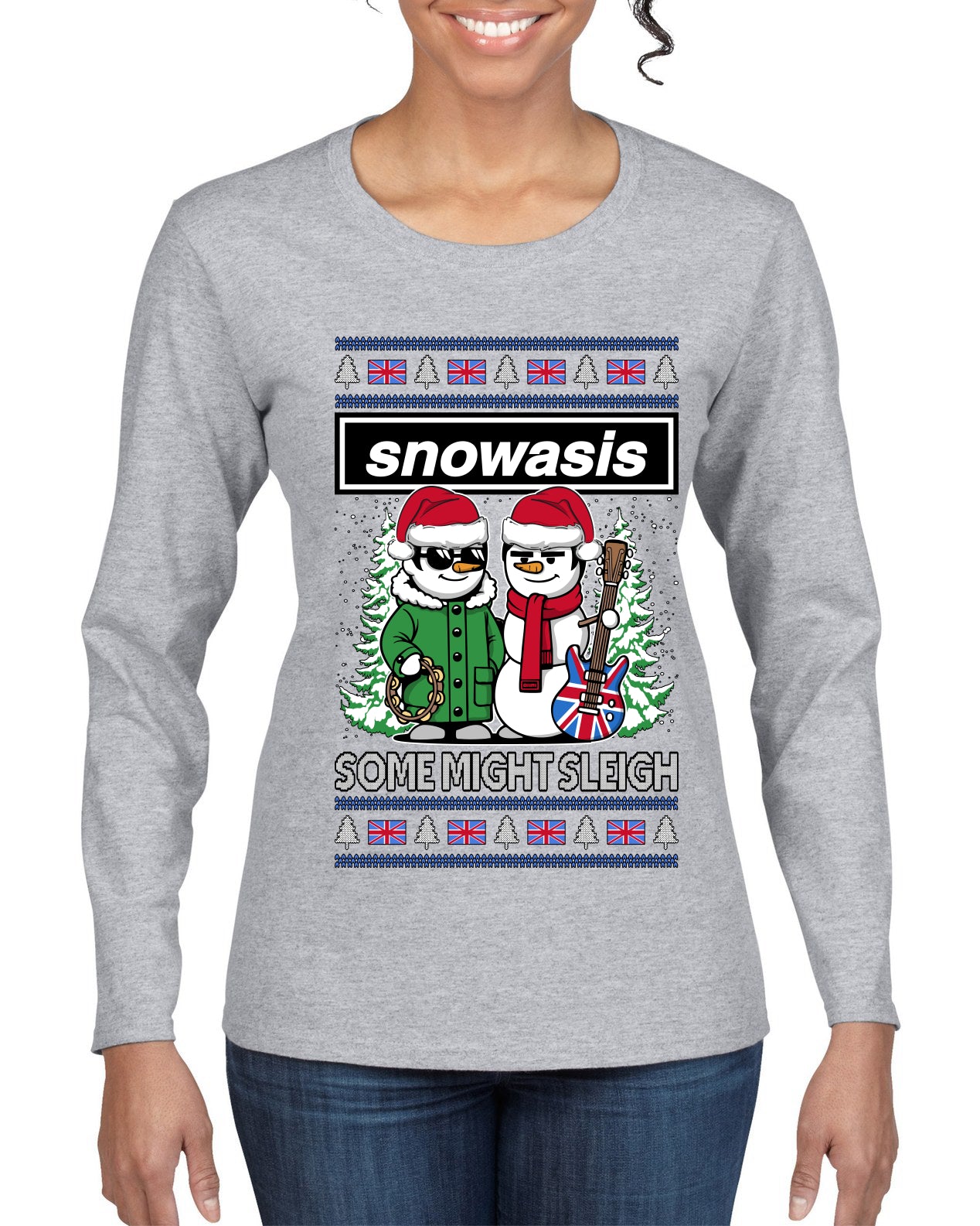 Snowasis English Rock Band Parody, Ugly Christmas Sweater Womens Graphic Long Sleeve T-Shirt