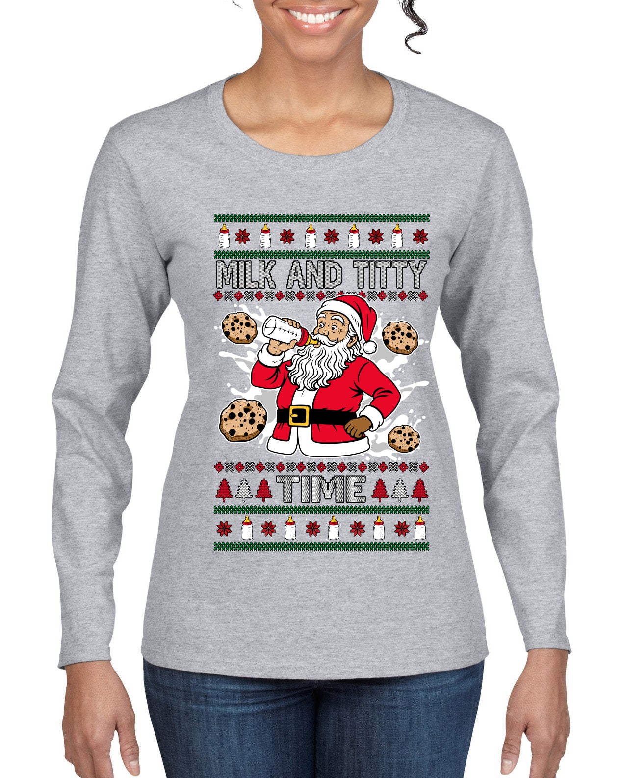 Milk And Titty Time, Ugly Christmas Sweater Womens Graphic Long Sleeve T-Shirt
