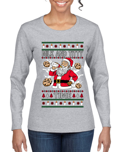 Milk And Titty Time, Ugly Christmas Sweater Womens Graphic Long Sleeve T-Shirt
