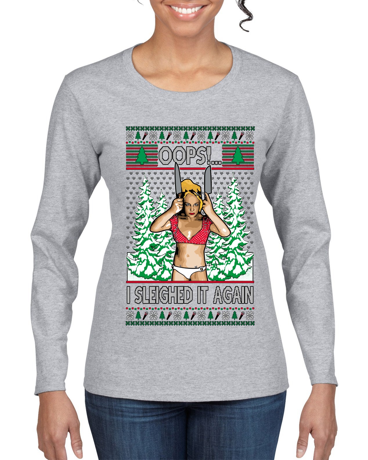 Funny, Knives Popstar Dancing, Music Lover Comedic Christmas Sweater Design, Ugly Christmas Sweater Womens Graphic Long Sleeve T-Shirt