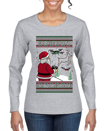 Santa Drone Show Reindeer, Ugly Christmas Sweater Womens Graphic Long Sleeve T-Shirt