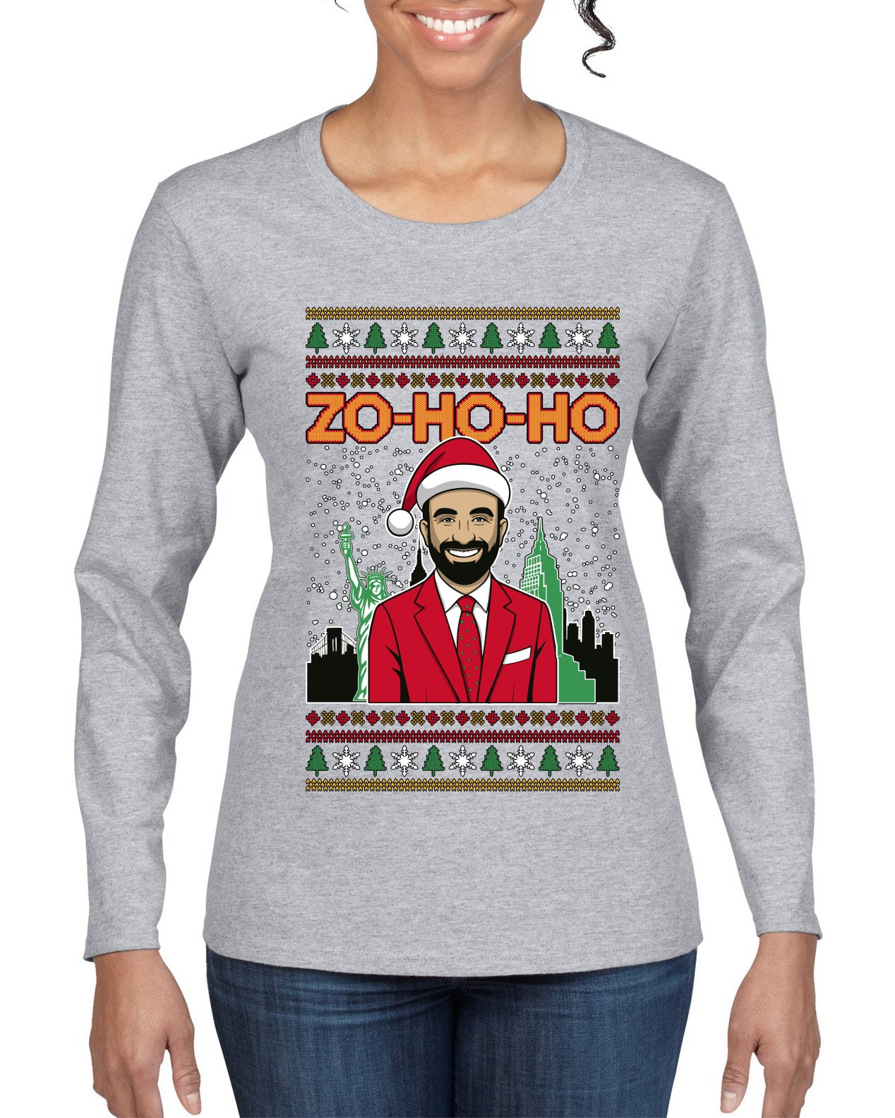 Zo Ho Ho Zohran Mamdani NYC, Ugly Christmas Sweater Womens Graphic Long Sleeve T-Shirt