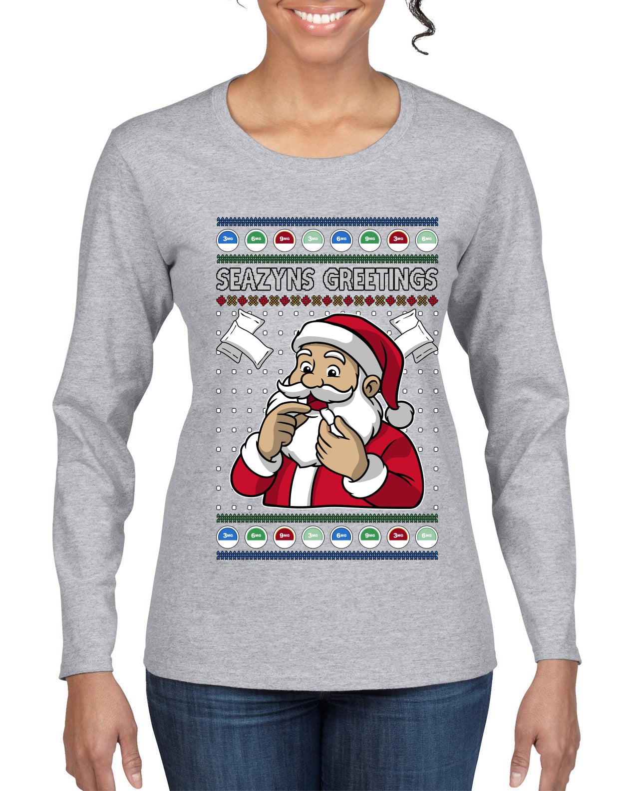Seazyns Greeting Santa Packing Lip Pouch, Ugly Christmas Sweater Womens Graphic Long Sleeve T-Shirt