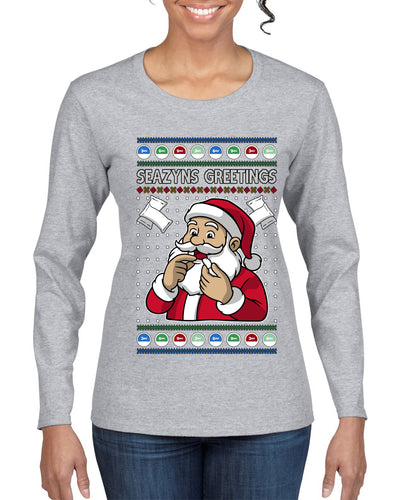 Seazyns Greeting Santa Packing Lip Pouch, Ugly Christmas Sweater Womens Graphic Long Sleeve T-Shirt