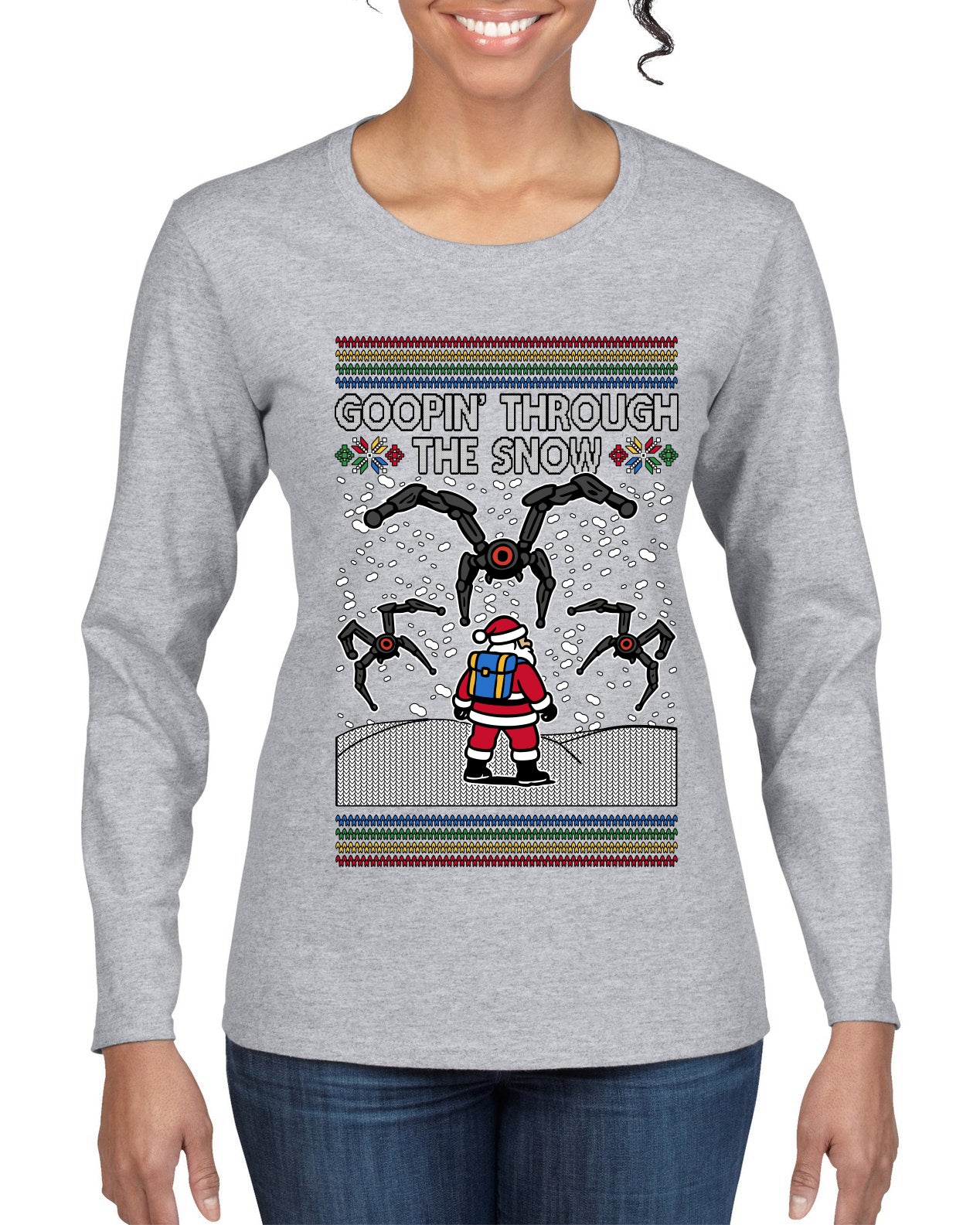 Goopin' Through The Snow Gamer Santa, Ugly Christmas Sweater Womens Graphic Long Sleeve T-Shirt