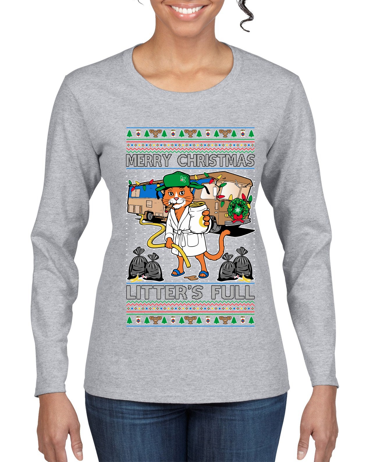 Litters Full Cat, Ugly Christmas Sweater Womens Graphic Long Sleeve T-Shirt