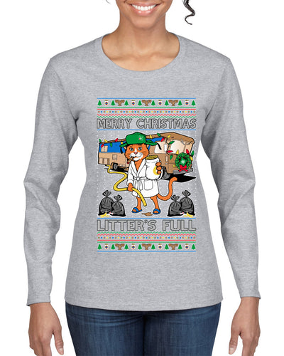 Litters Full Cat, Ugly Christmas Sweater Womens Graphic Long Sleeve T-Shirt