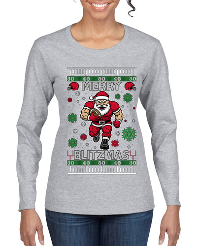 Merry Blitzmas, Football Christmas Sweater Design, Ugly Christmas Sweater Womens Graphic Long Sleeve T-Shirt