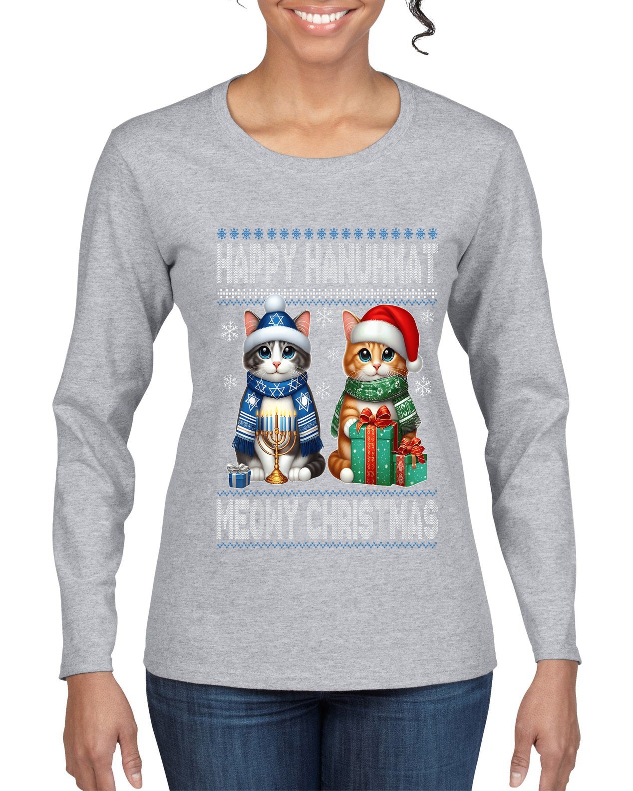Happy Hanukkat Meowy Christmas, Ugly Christmas Sweater Womens Graphic Long Sleeve T-Shirt