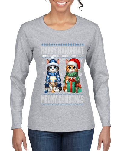 Happy Hanukkat Meowy Christmas, Ugly Christmas Sweater Womens Graphic Long Sleeve T-Shirt