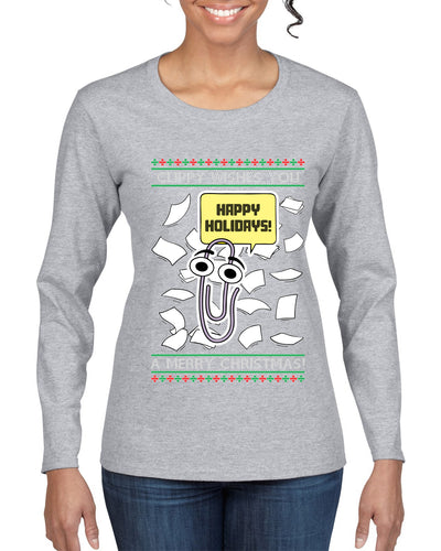 Clippy Wishes You A Merry Christmas Office Assistant, Ugly Christmas Sweater Womens Graphic Long Sleeve T-Shirt