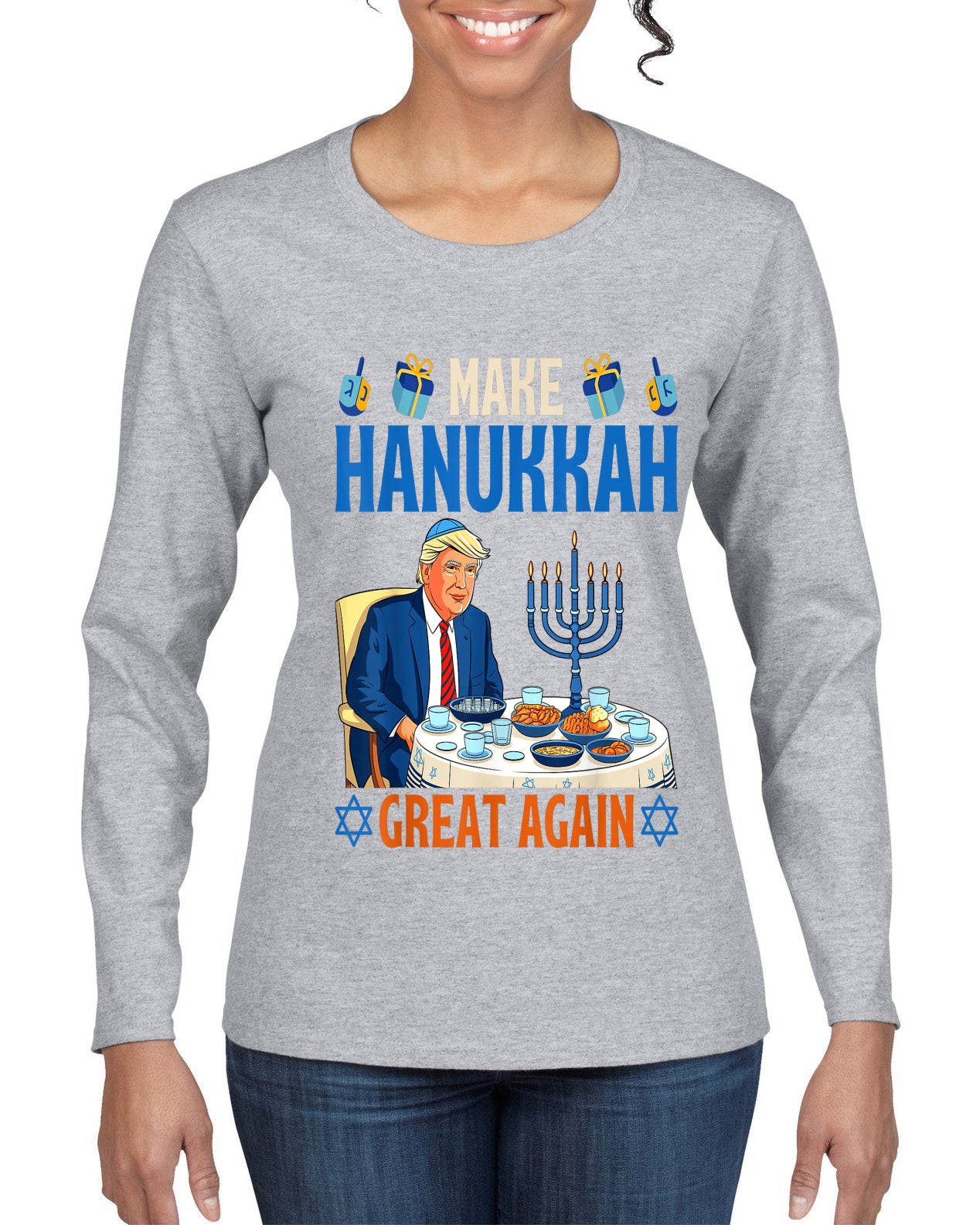 Make Hanukkah Great Again, Ugly Christmas Sweater Womens Graphic Long Sleeve T-Shirt