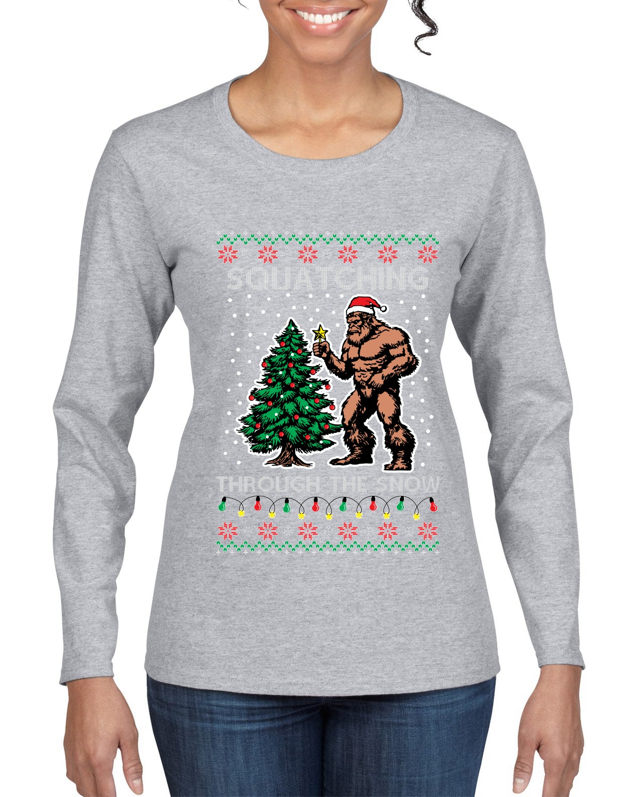 Squatching Through The Snow Bigfoot, Ugly Christmas Sweater Womens Graphic Long Sleeve T-Shirt