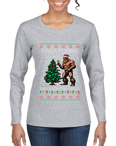 Squatching Through The Snow Bigfoot, Ugly Christmas Sweater Womens Graphic Long Sleeve T-Shirt