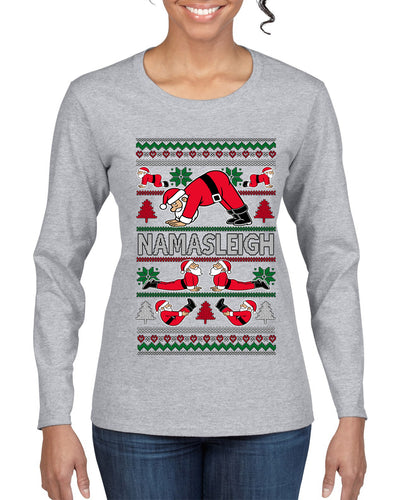 Namasleigh, Namaste Yoga Santa Claus, Ugly Christmas Sweater Womens Graphic Long Sleeve T-Shirt