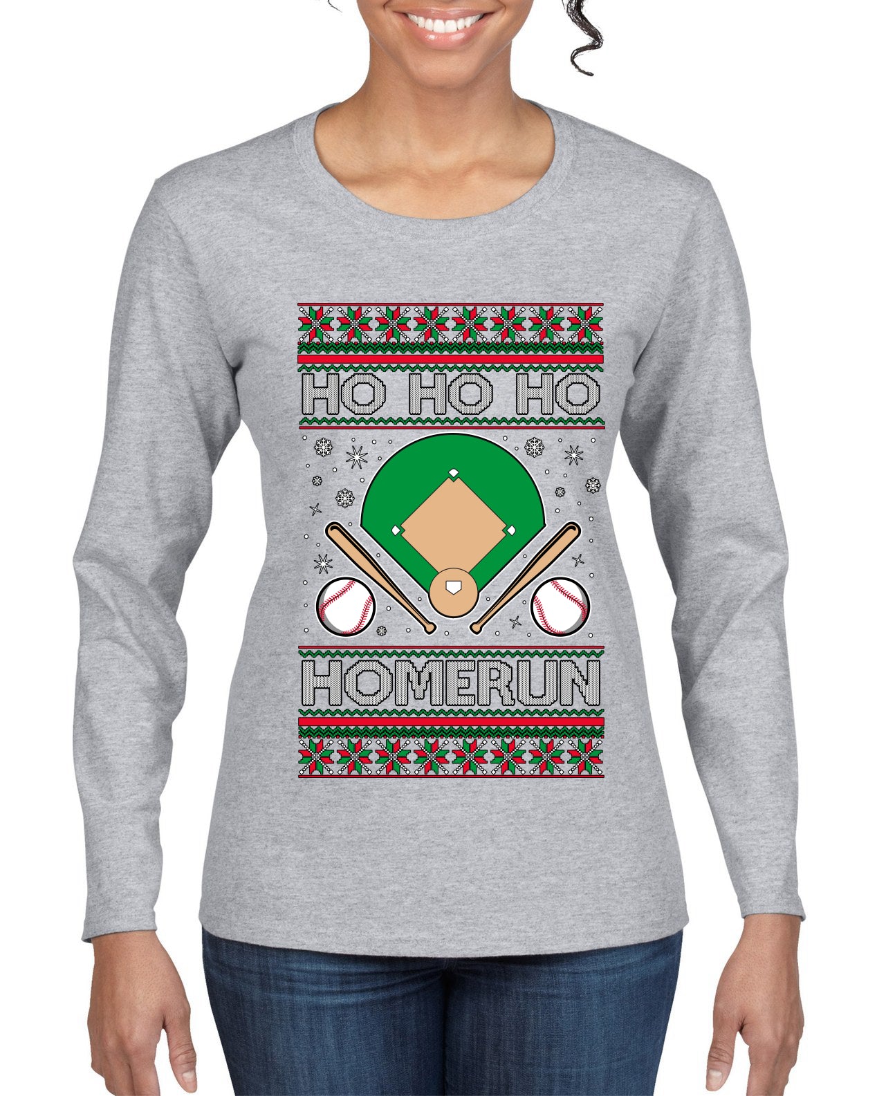 Ho Ho Ho Homerun, Baseball Fan Christmas Design, Ugly Christmas Sweater Womens Graphic Long Sleeve T-Shirt