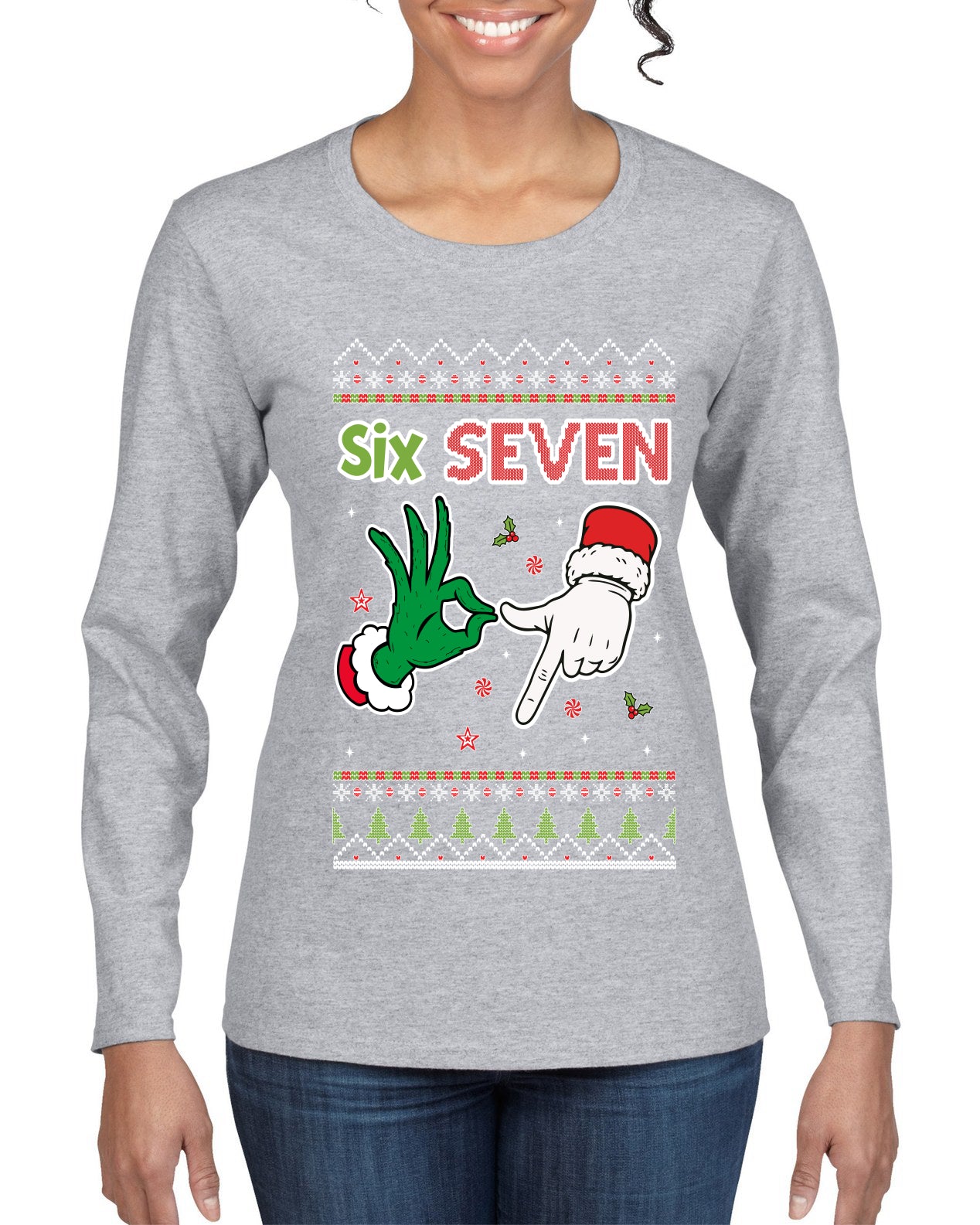 6 7 Christmas Hands, Ugly Christmas Sweater Womens Graphic Long Sleeve T-Shirt