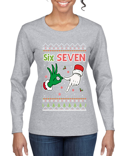 6 7 Christmas Hands, Ugly Christmas Sweater Womens Graphic Long Sleeve T-Shirt