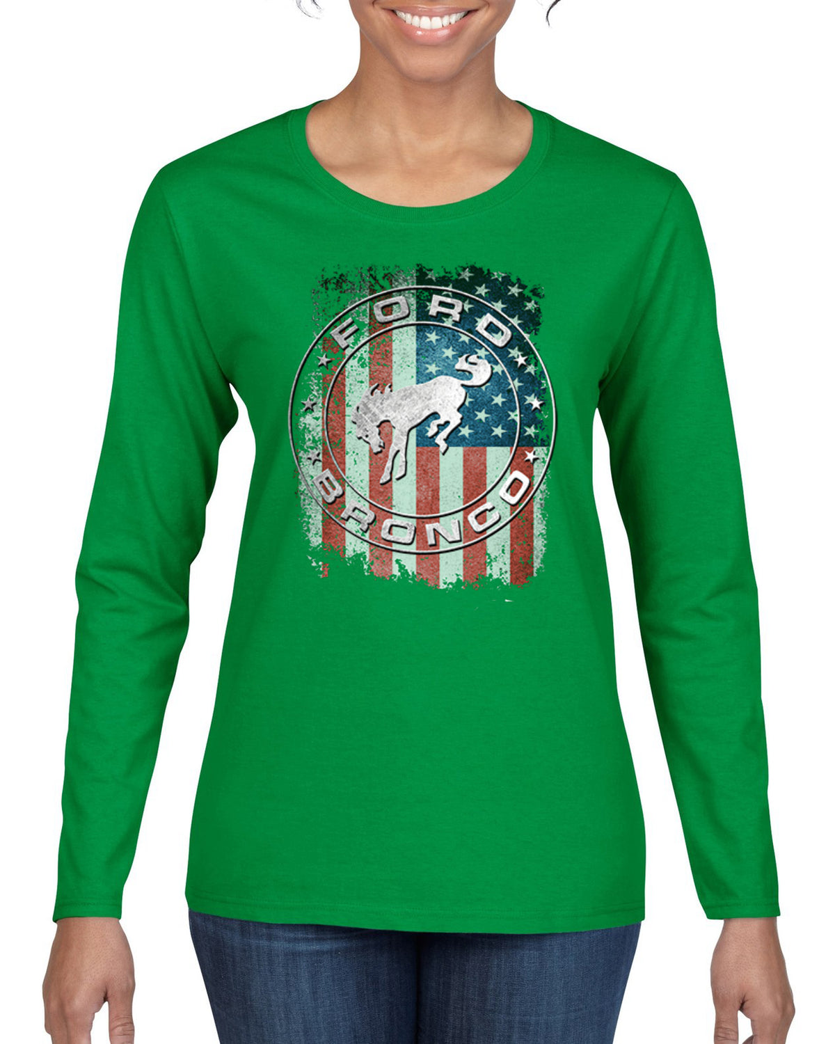 US Flag Ford Bronco Cars and Trucks Womens Graphic Long Sleeve T-Shirt