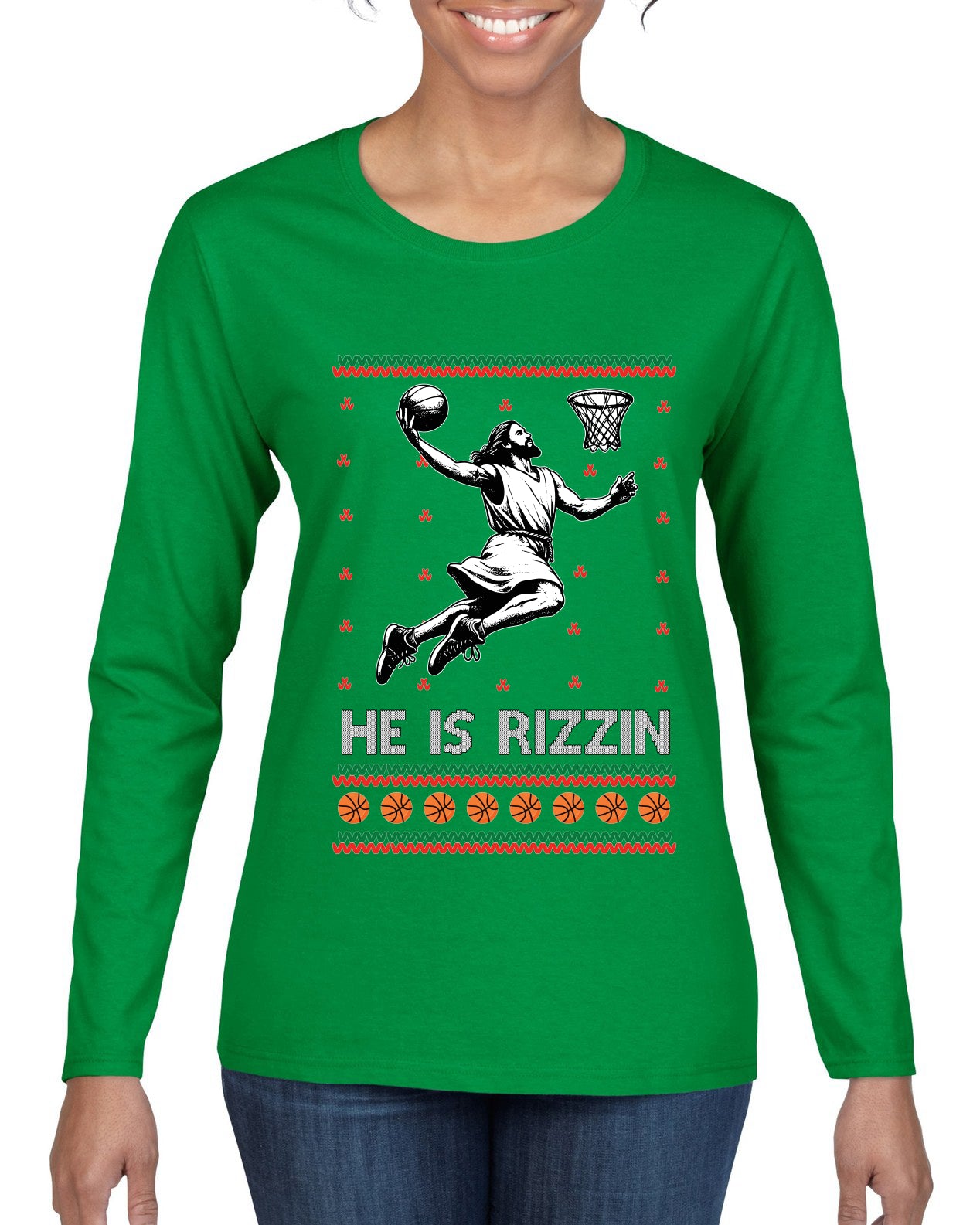 He Is Rizzin, Ugly Christmas Sweater Womens Graphic Long Sleeve T-Shirt
