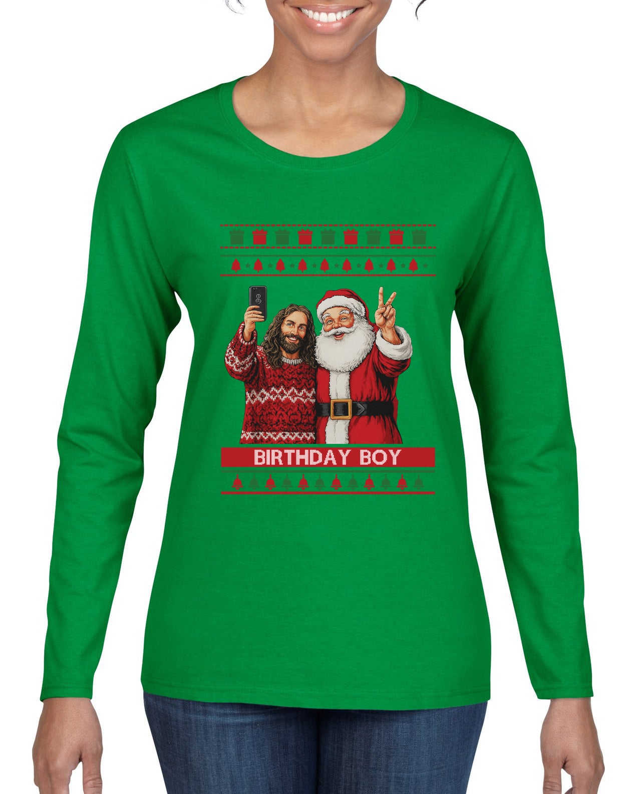 Birthday Boy Jesus, Ugly Christmas Sweater Womens Graphic Long Sleeve T-Shirt