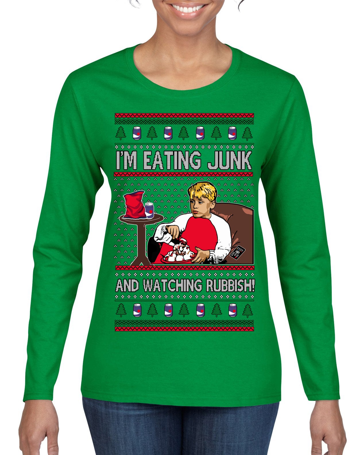 I'm Eating Junk and Watching Rubbish 90s Movie Ice Cream Ugly Christmas Sweater Womens Graphic Long Sleeve T-Shirt